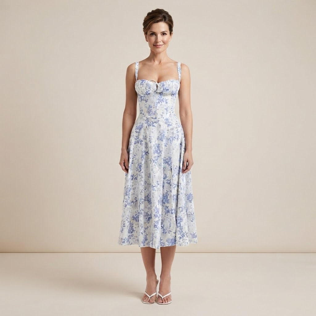 Floral Sweetheart Neck Midi Dress