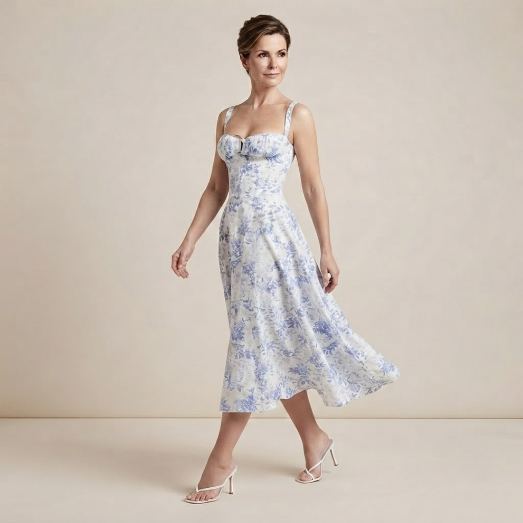Floral Sweetheart Neck Midi Dress