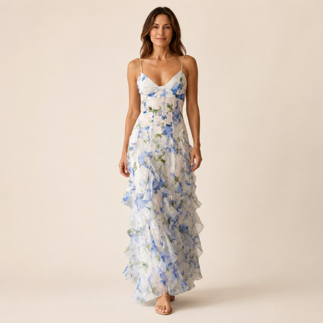 Floral V-Neck Ruffle Maxi Dress