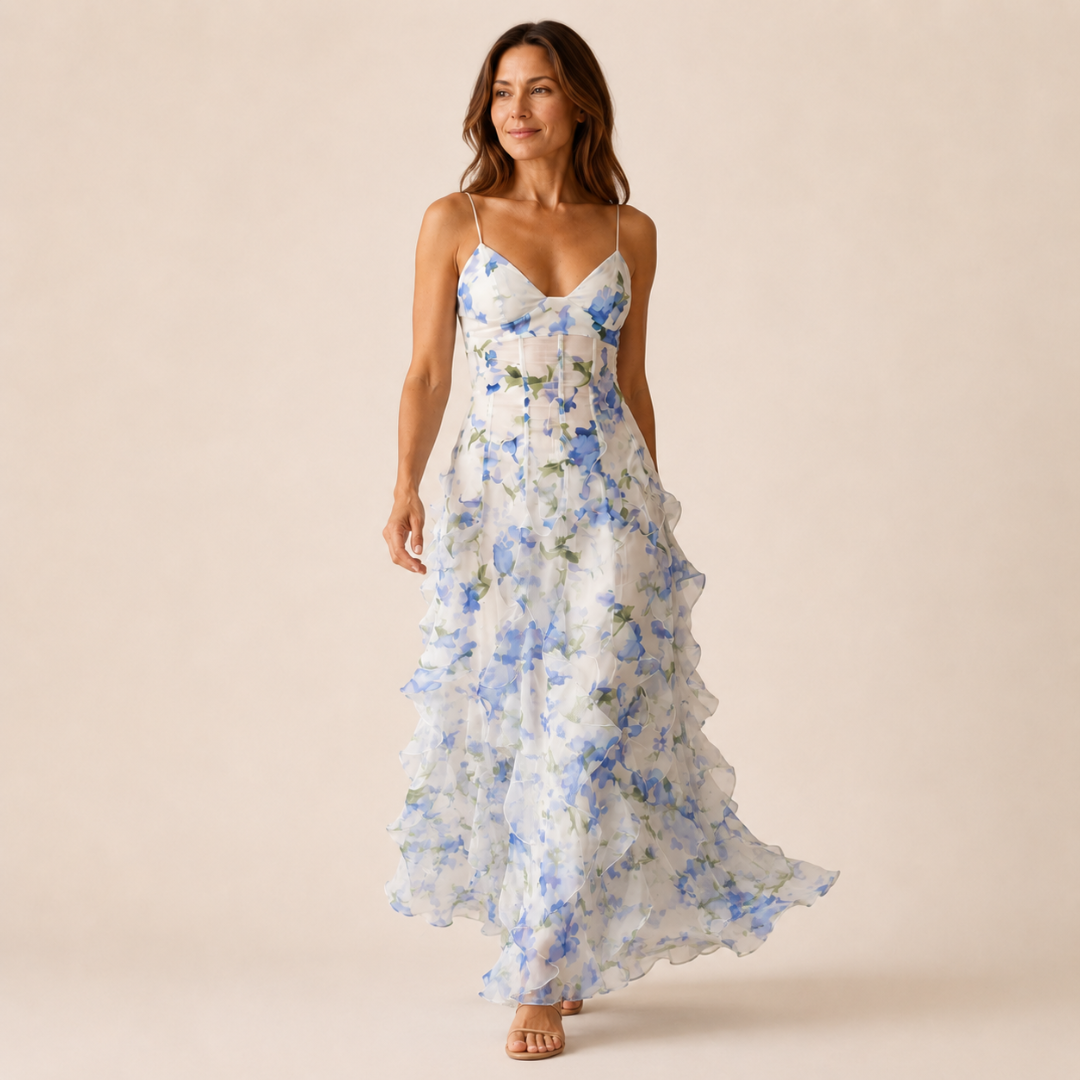Floral V-Neck Ruffle Maxi Dress